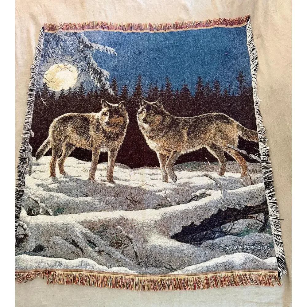 Persis Clayton Weirs Wolf Tapestry Throw Blanket | Moonlit Wolves Woven Afghan